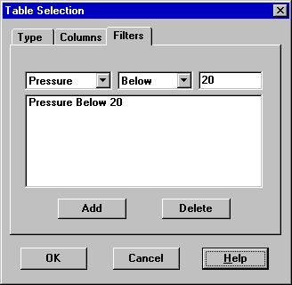 Filters Tab of the Table Selection Dialog in EPANET